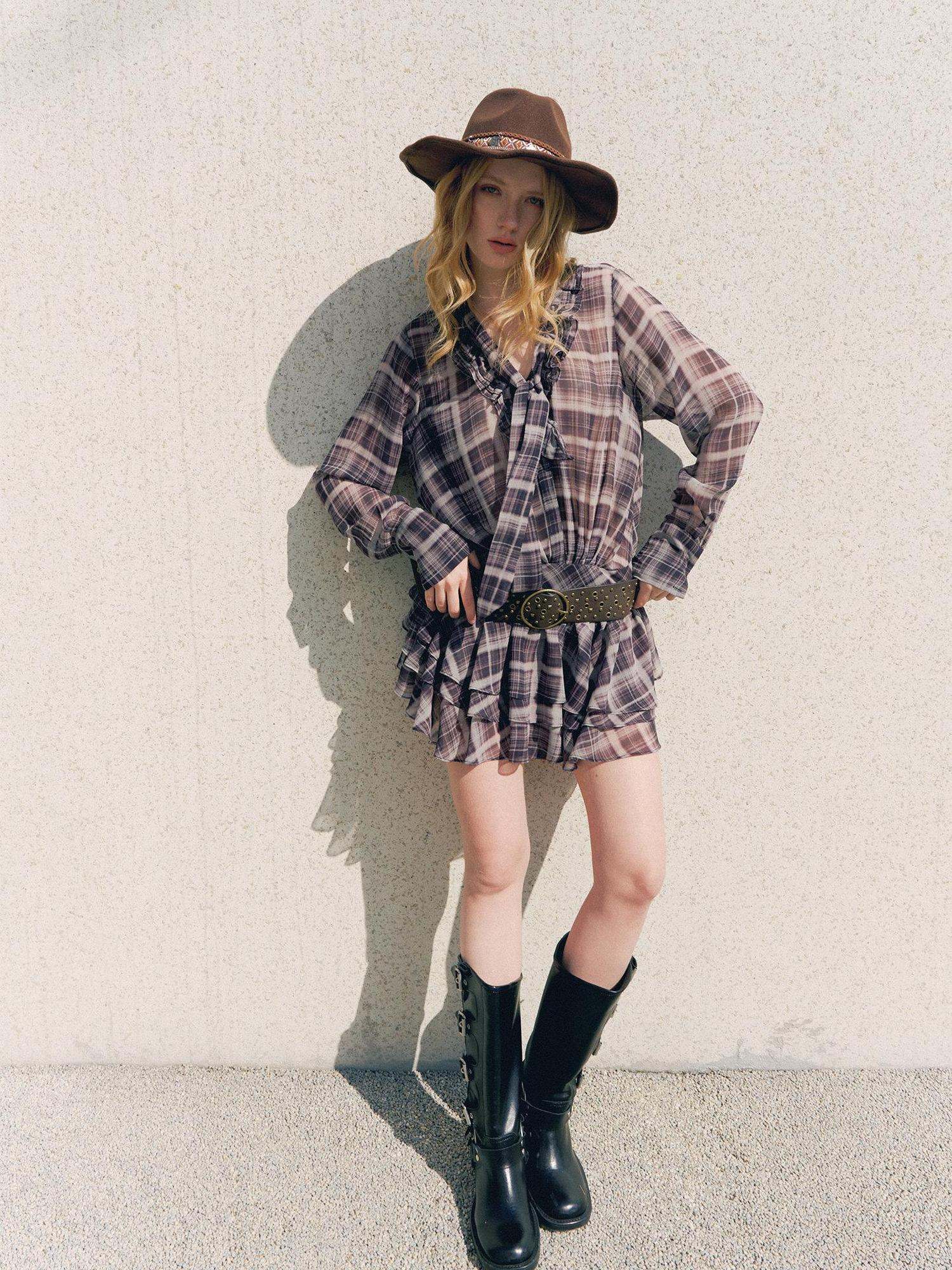 DeleteEx Chic Vintage Asymmetrical V-neck Slim Long Sleeve Plaid Citywalk Mini Dresses