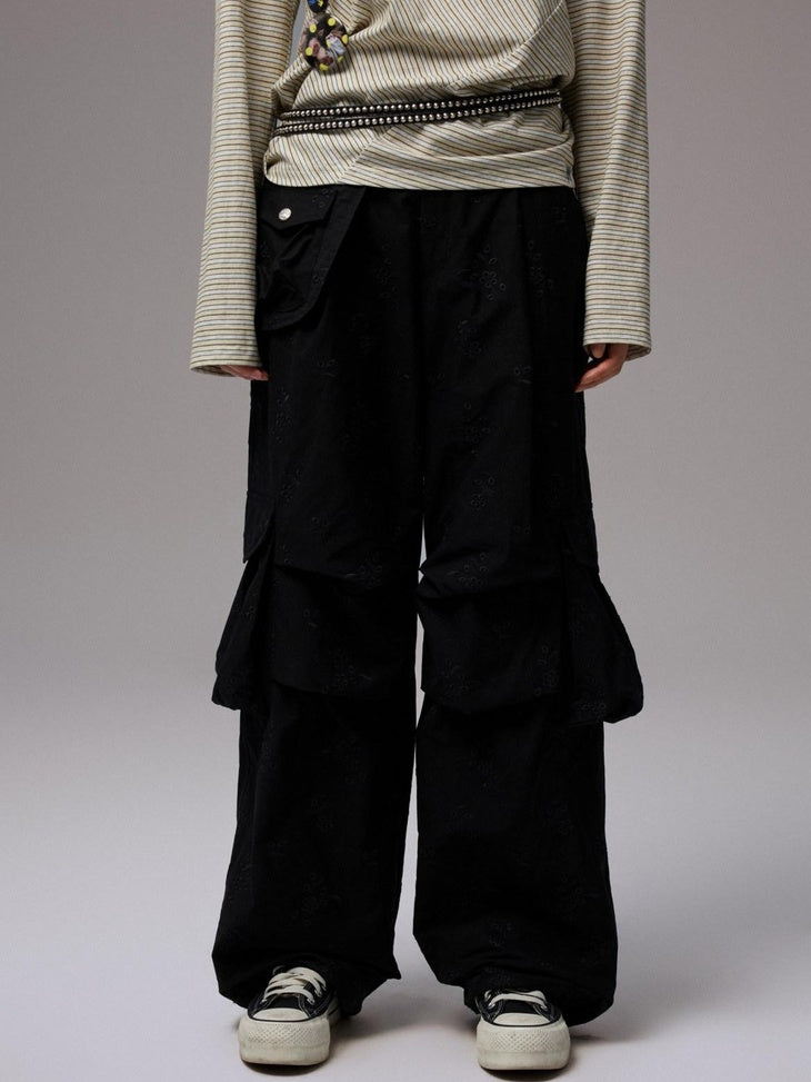 1JINN STUDIO Versatile Minimal Loose Flared Low Rise Zip Fly Cotton Jacquard Cargo Pants