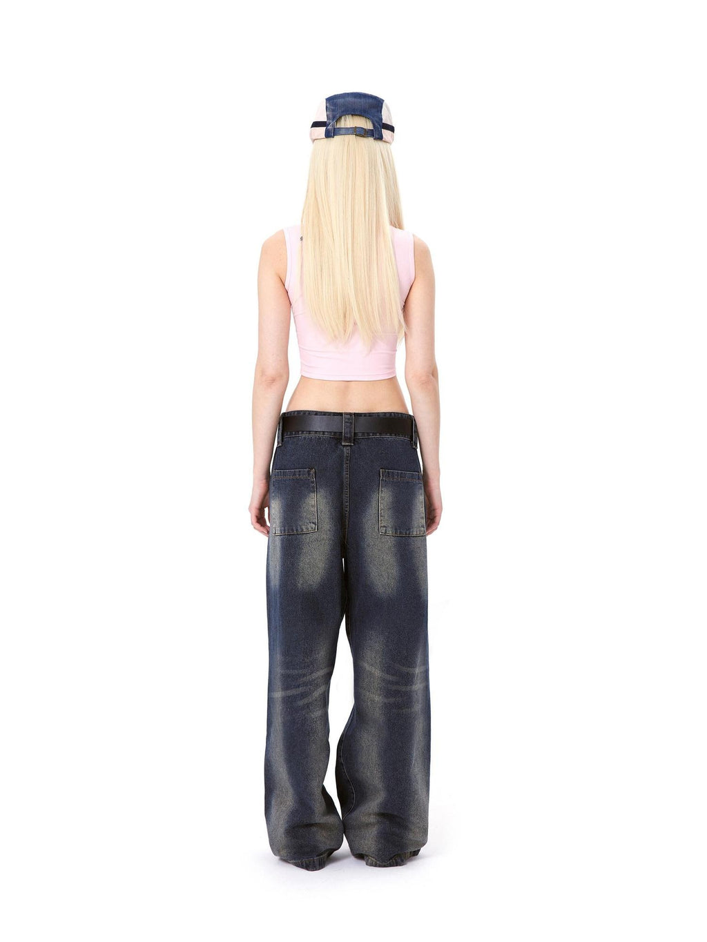 DeleteEx High Waist Distressed American Loose Fit Zipper Women Dark Blue Wide Leg Jeans