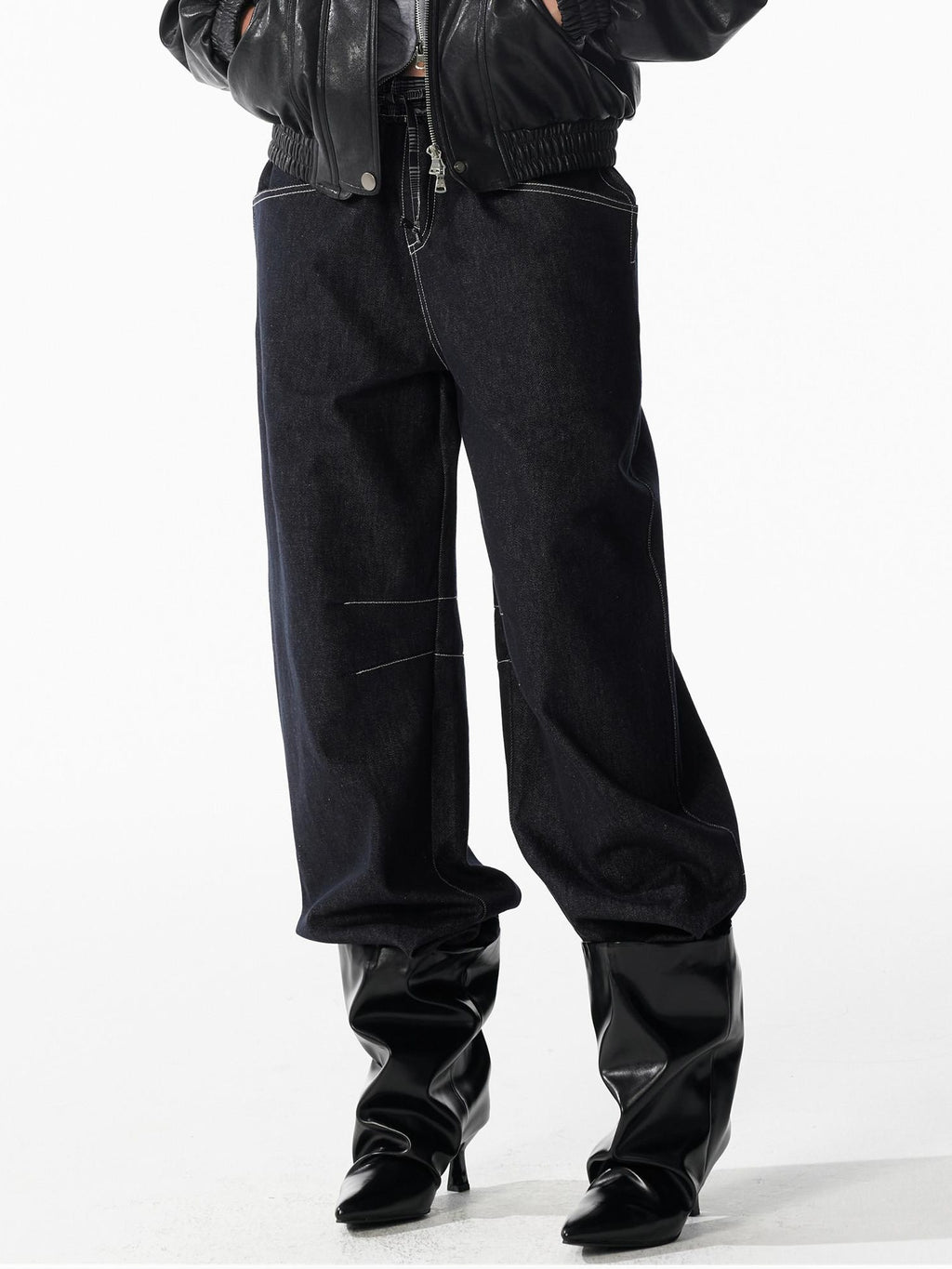 ALINNVSTUDIO Relaxed Fit Cotton Natural Waist Topstitch Deep Indigo Women Wide Leg Jeans