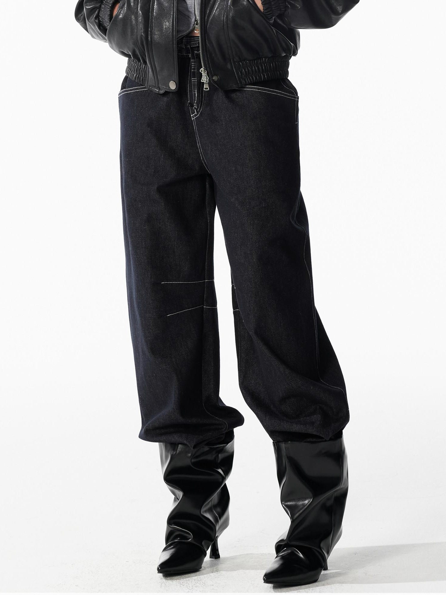 ALINNVSTUDIO Relaxed Fit Cotton Natural Waist Topstitch Deep Indigo Women Wide Leg Jeans