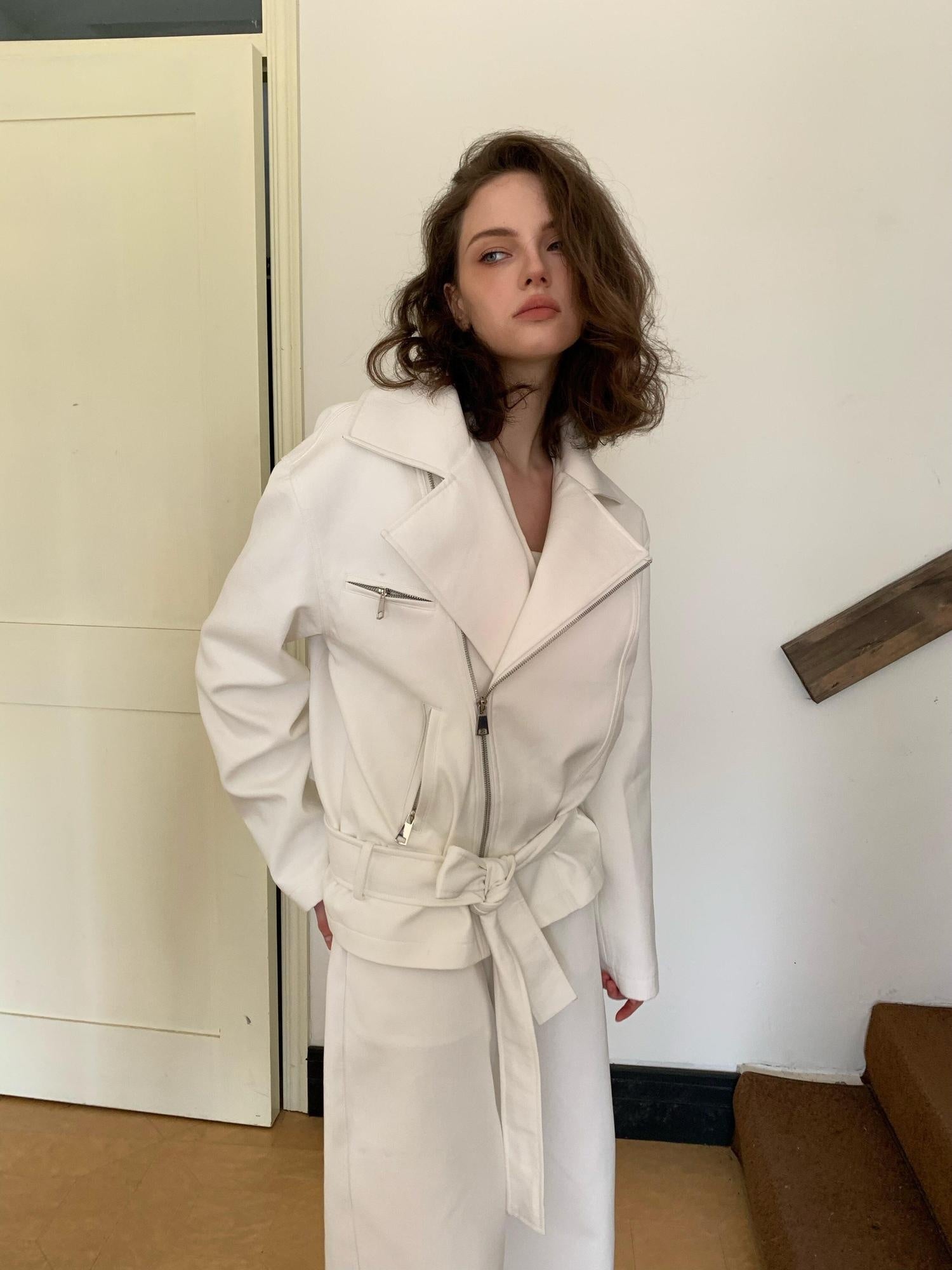 BUZHOU 100% Cotton Lapel Edgy Biker Short Women White Jacket Cropped Jackets