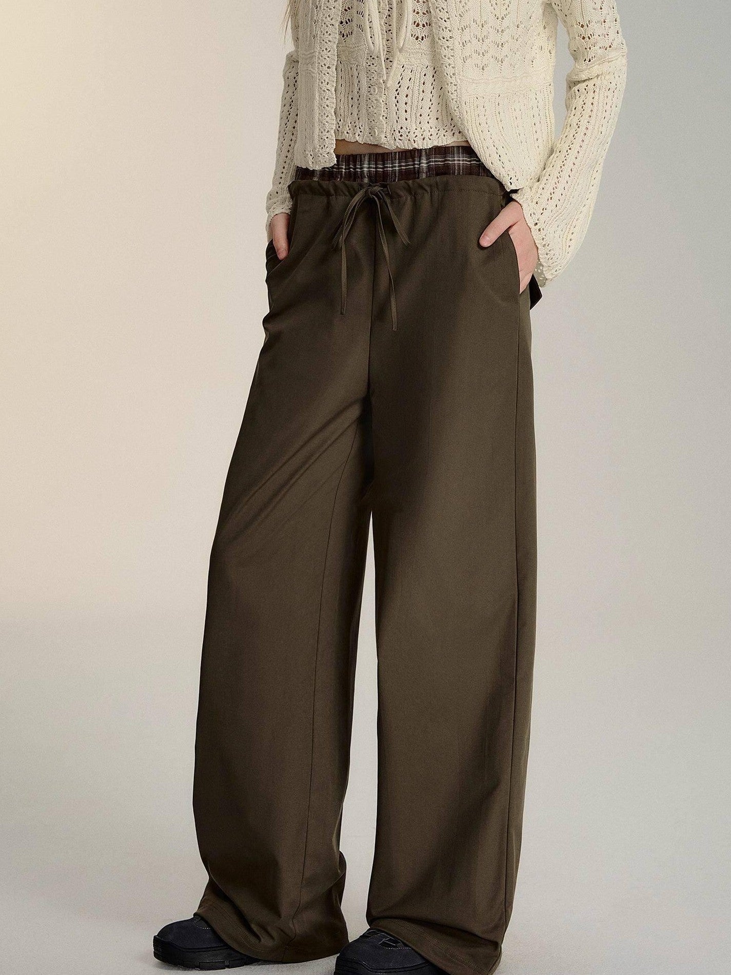 SOMESOWE Minimalist Double Waist Drawstring Natural Waist Office Women Wide Leg Pants
