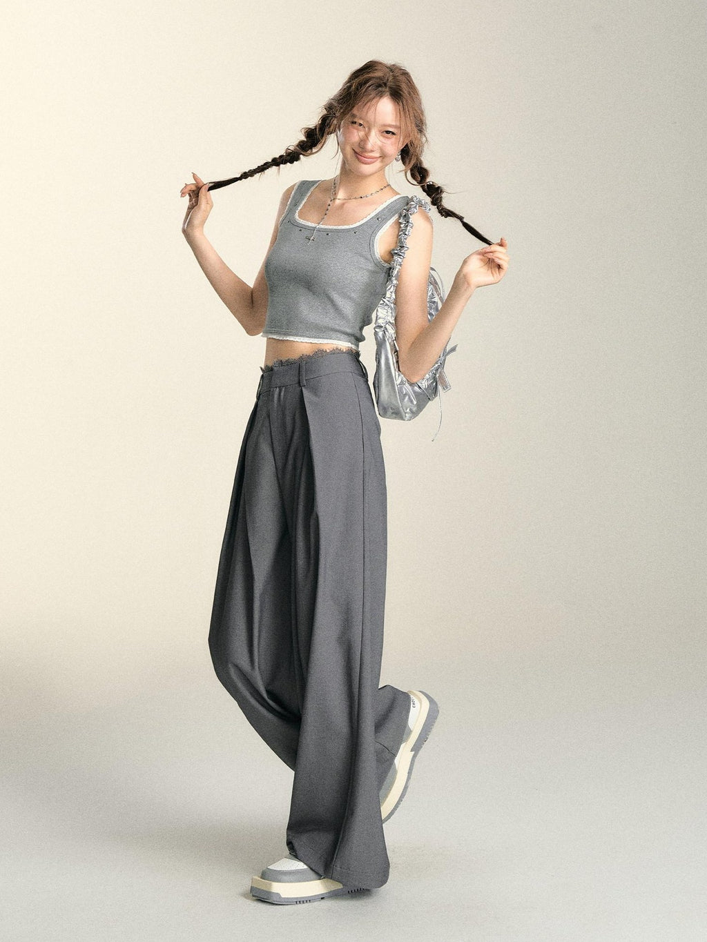 SOMESOWE Casual Lace Trim Patchwork Pocket Relaxed Natural Waist Women Wide Leg Pants