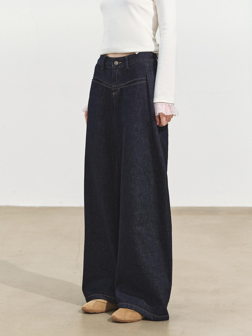 SOMESOWE Pleated Casual Natural Waist Loose Cotton Pocket Zip Blue Women Wide Leg Jeans