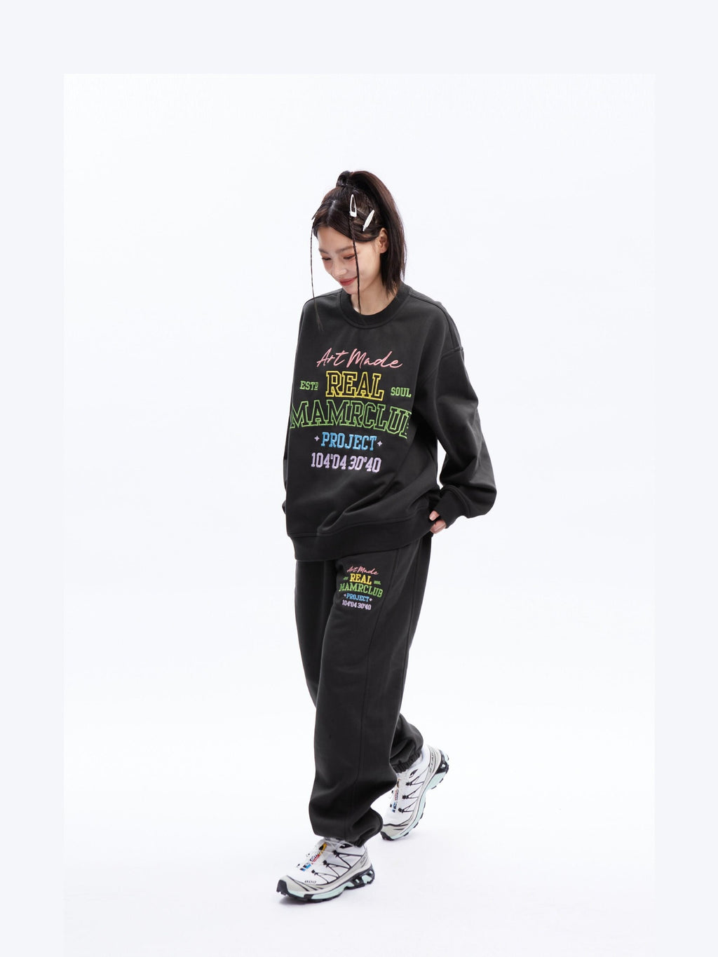 DeleteEx Embroidered Loose Fit Cotton Blend Crew Neck Women Grey Black Top & Pants Sets