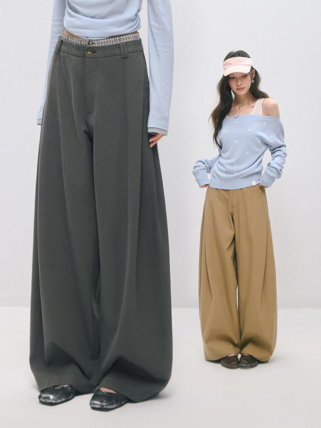 SOMESOWE Drawstring Pocket Relaxed Natural Waist Women Solid Khaki Grey Wide Leg Pants