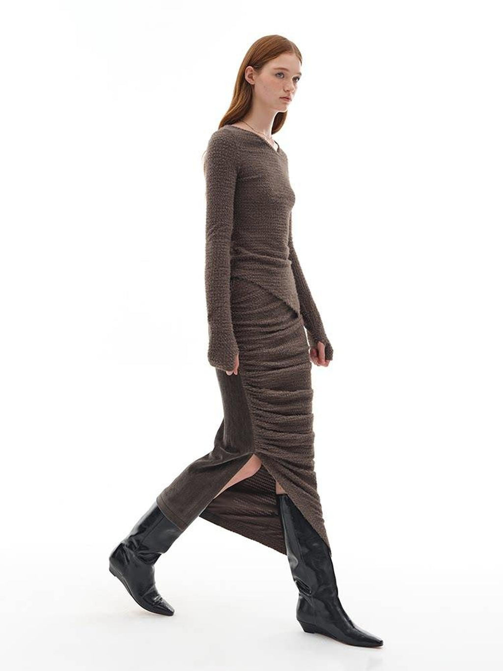 someonesometimes Slim Knit Minimal Casual Crewneck Long Sleeve Women Gray Top & Skirt Sets