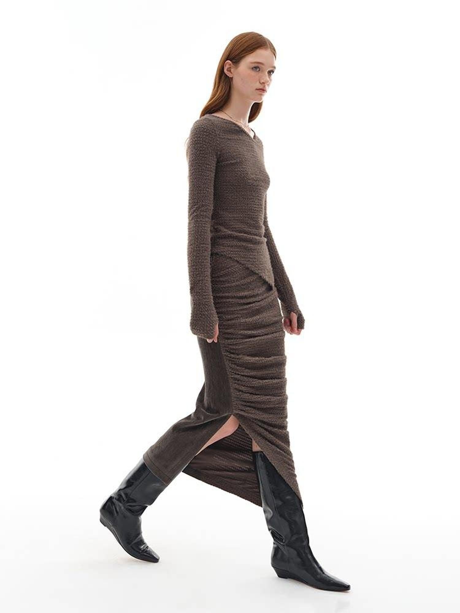 someonesometimes Slim Knit Minimal Casual Crewneck Long Sleeve Women Gray Top & Skirt Sets