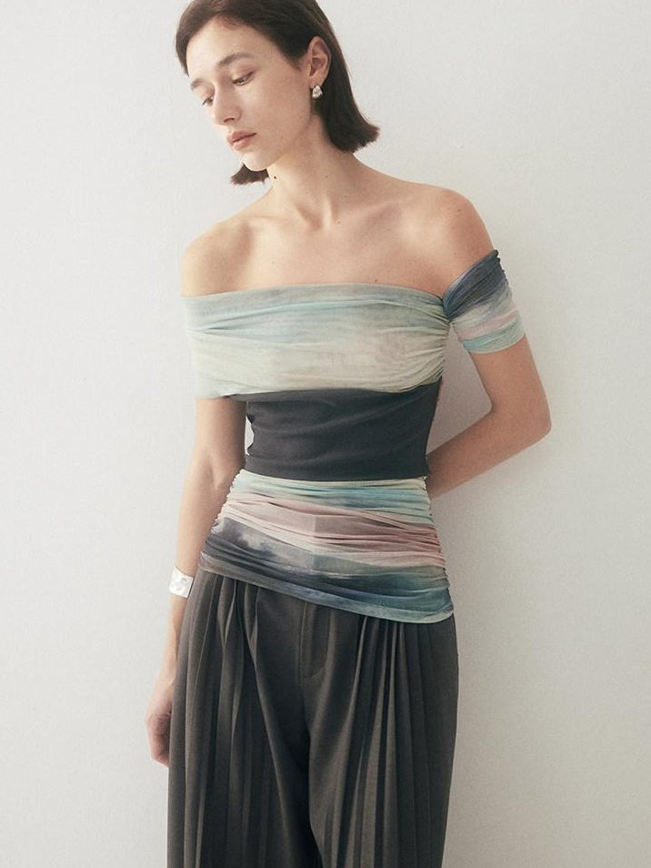 someonesometimes Tie Dye Slim Fit Minimal Commuter Viscose Blend Sleeveless Off Shoulder Crop Tops