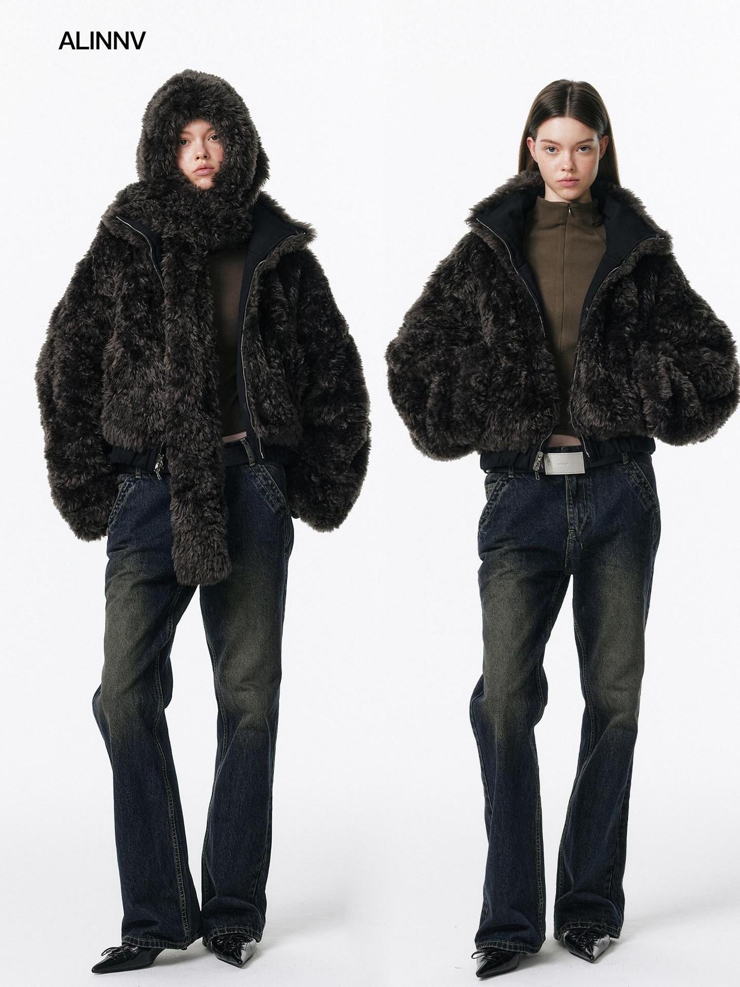 ALINNVSTUDIO Reversible Hooded Warm Cropped Commuter Fit Women Zipper Puffer Jackets