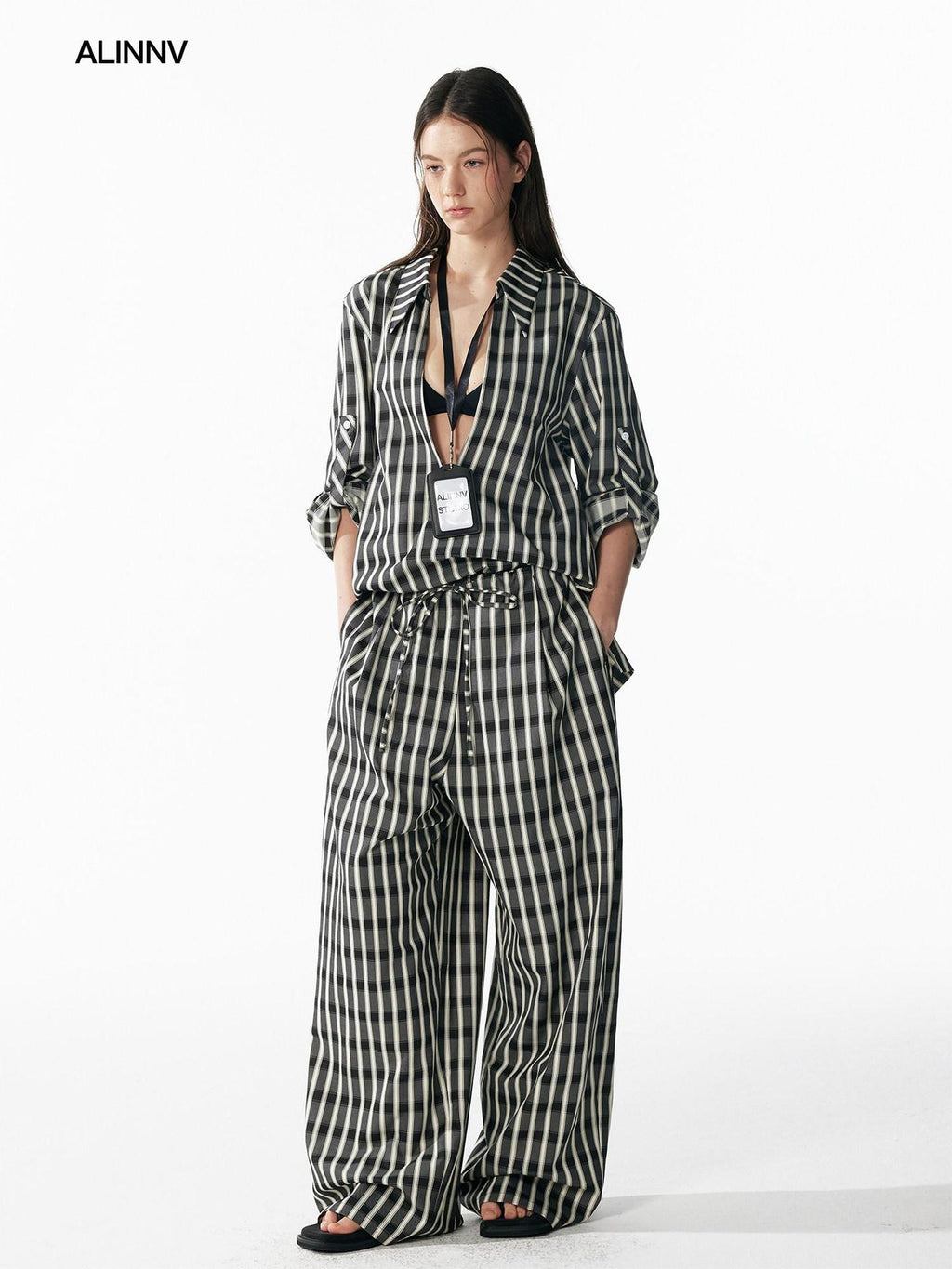 ALINNVSTUDIO Minimalist Loose Fit Square Neck Plaid Pullover Women Top & Pants Sets