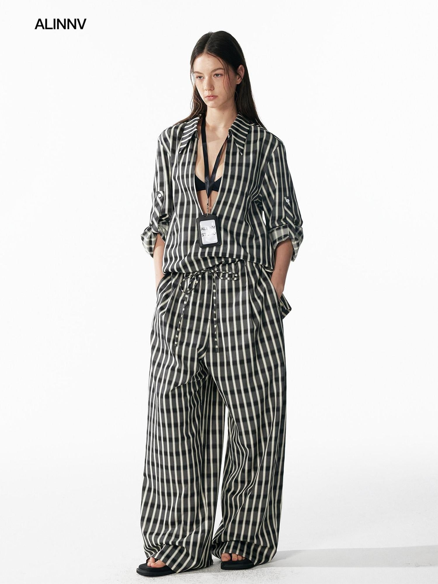 ALINNVSTUDIO Minimalist Loose Fit Square Neck Plaid Pullover Women Top & Pants Sets
