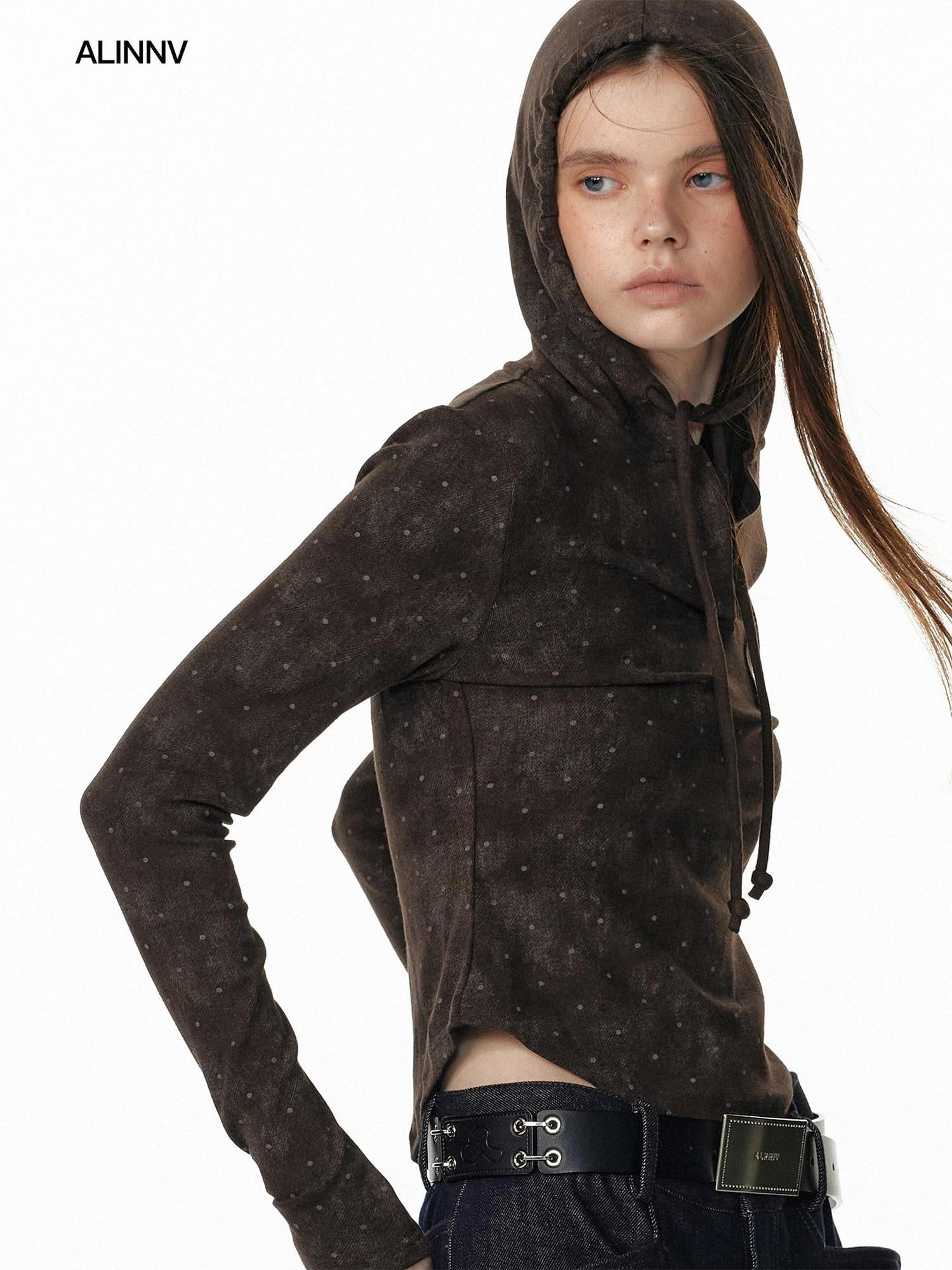 ALINNVSTUDIO Tie Detail Cropped Polka Dot Hooded Pullover Long Sleeve Women Grey Brown Hoodie