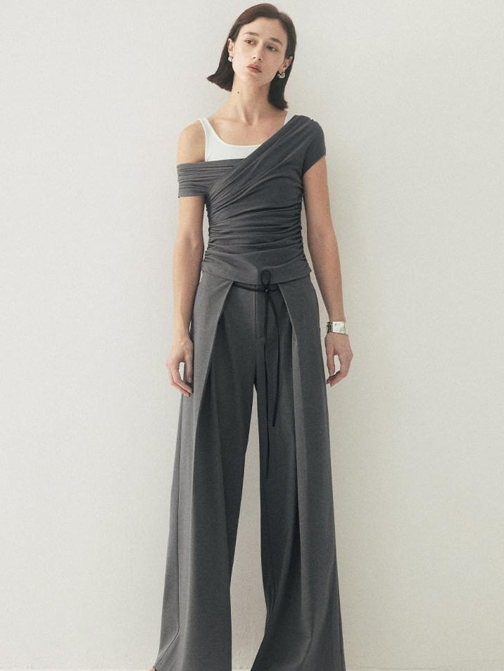 someonesometimes High Waist Stretch Belt Detail Minimalist Polyester Blend Women Wide Leg Pants
