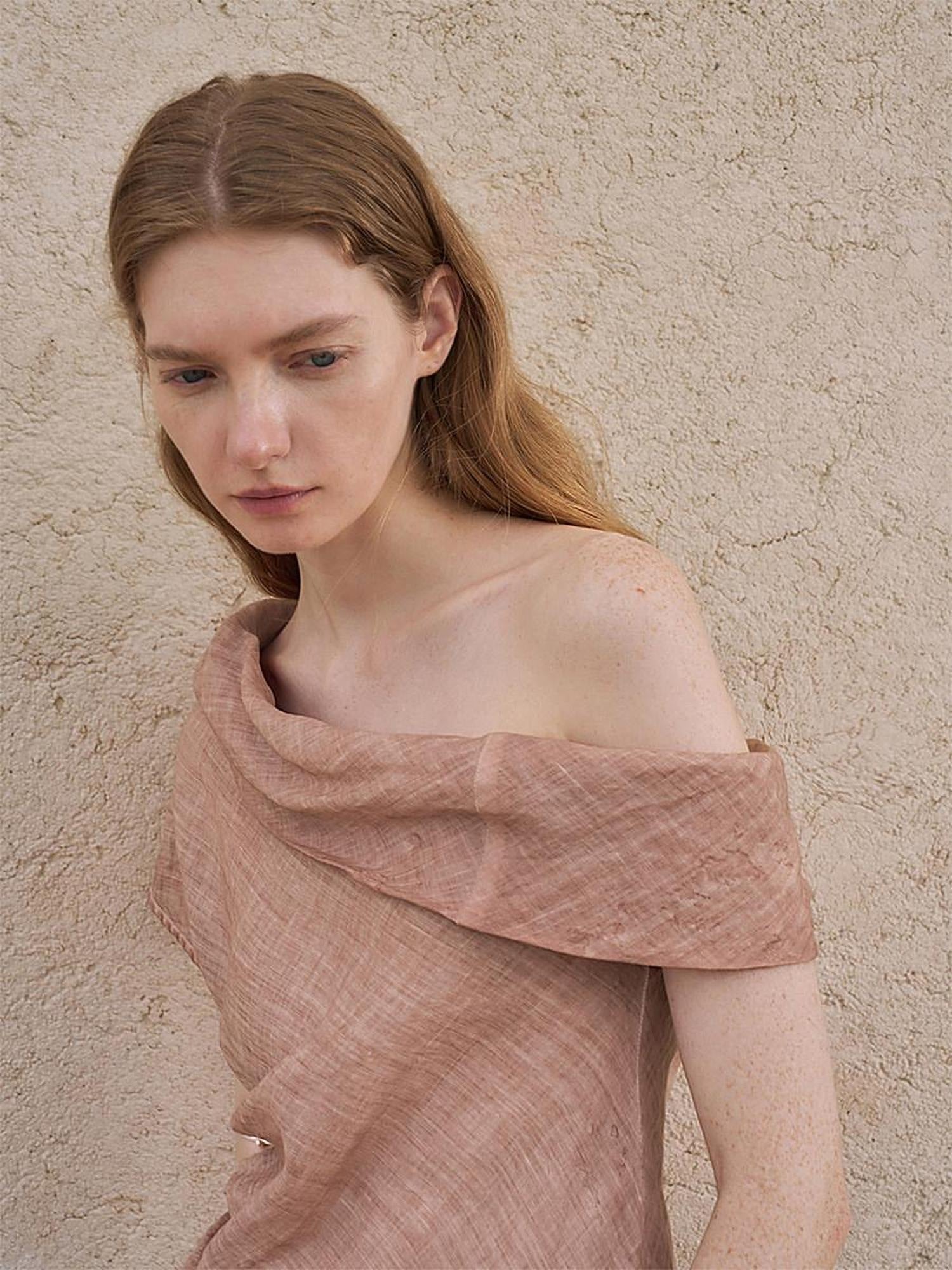 someonesometimes Antibacterial Uv Pure Ramie Pleated Slim One Shoulder Women Brick Pink Tank Tops