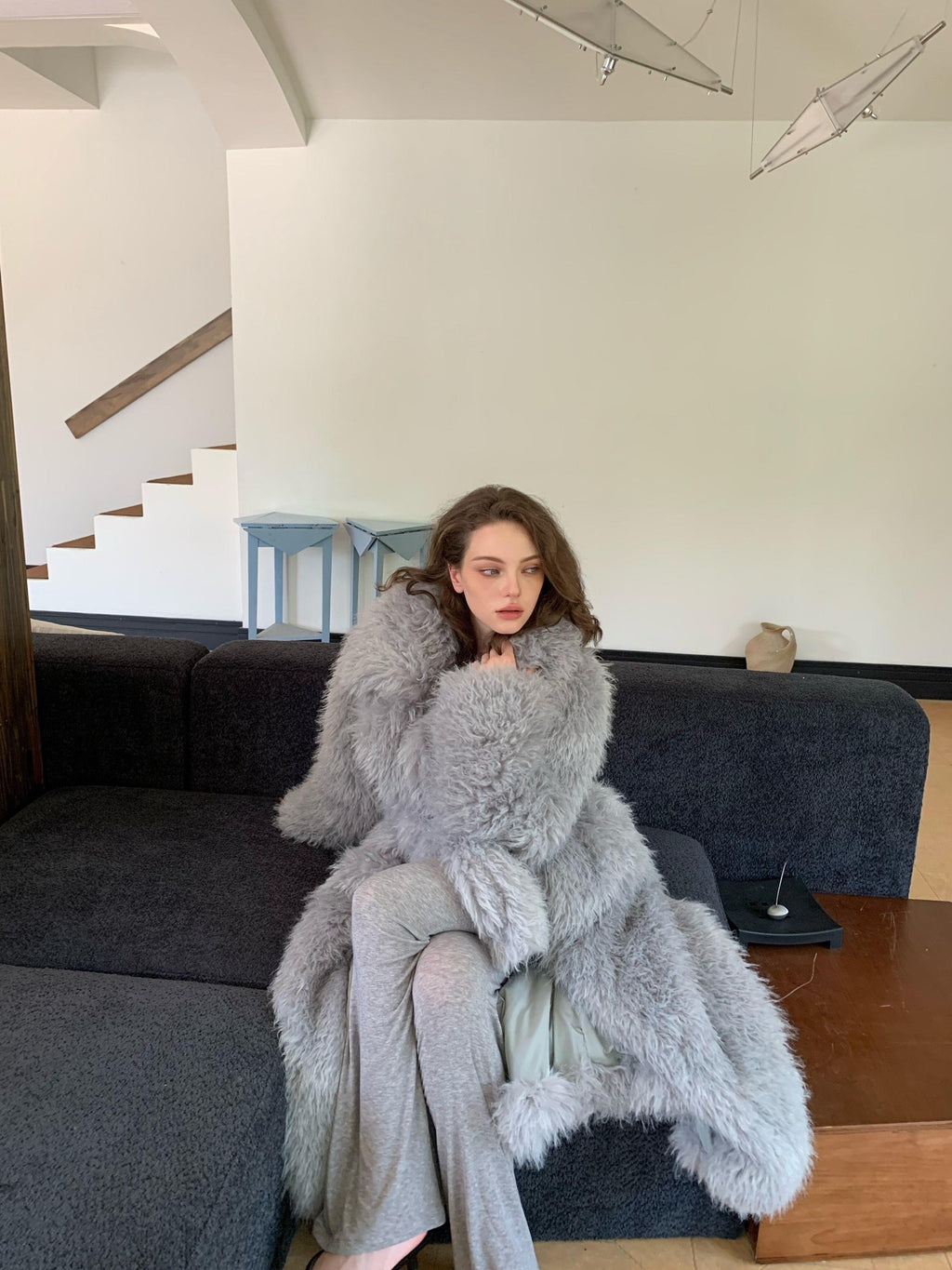 BUZHOU Luxurious Plush Fox Inspired Round Neck Longline Gray S M L Faux Fur Coats