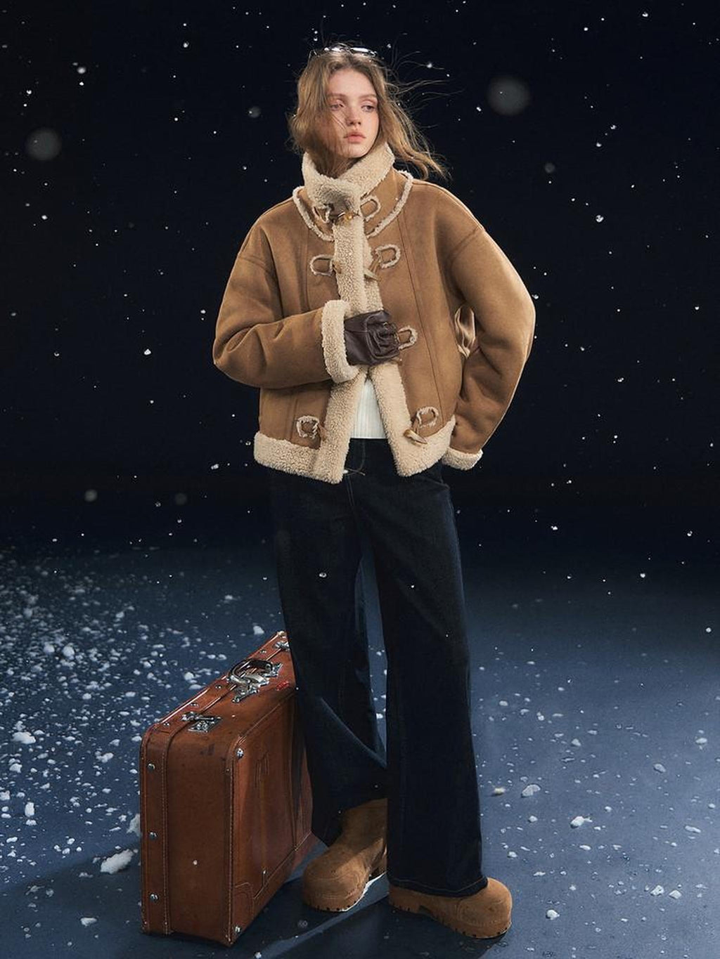 SOMESOWE Cozy Faux Sherpa Geometric Oversized Stand Collar Womens Brown Zipper Short Coat