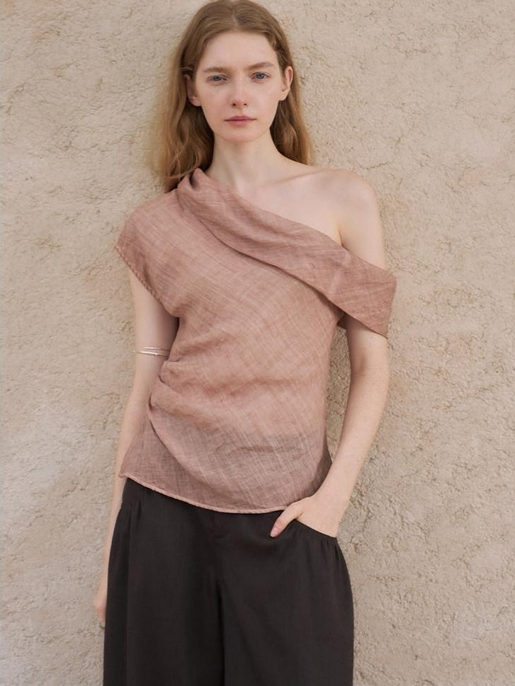 someonesometimes Antibacterial Uv Pure Ramie Pleated Slim One Shoulder Women Brick Pink Tank Tops