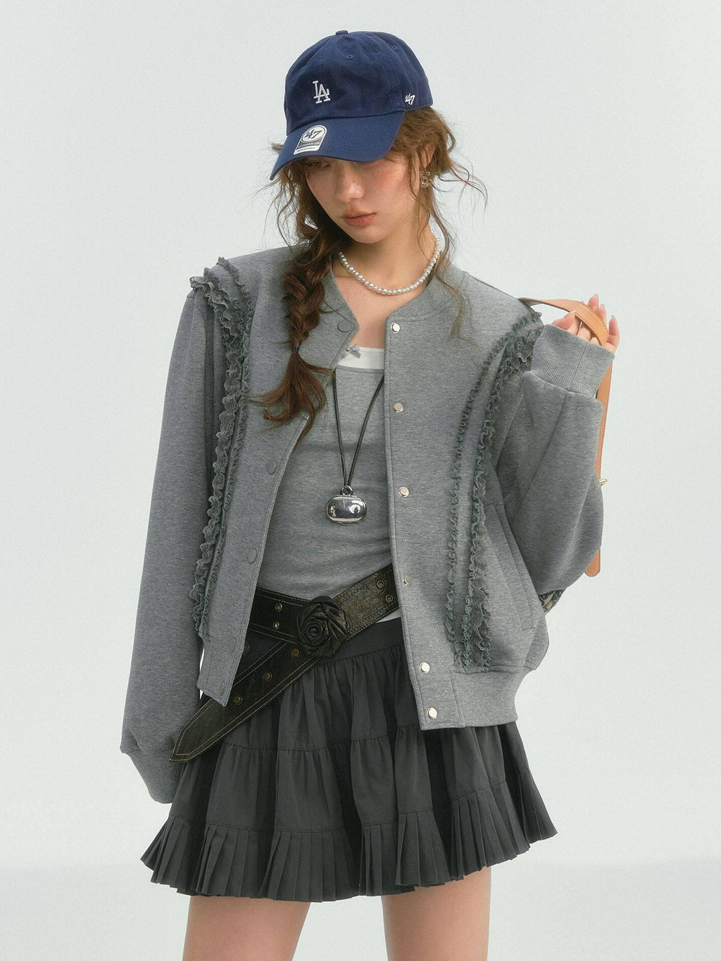 SOMESOWE Lace Trim Loose Fit Commuter Women Button Closure Navy Gray Bomber Jackets