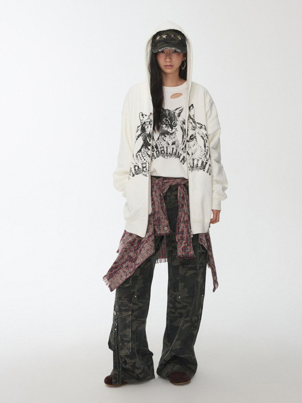 1JINN STUDIO Soft Cotton Camo Low Rise Casual Zipper Front Ladies Wide Leg Pants