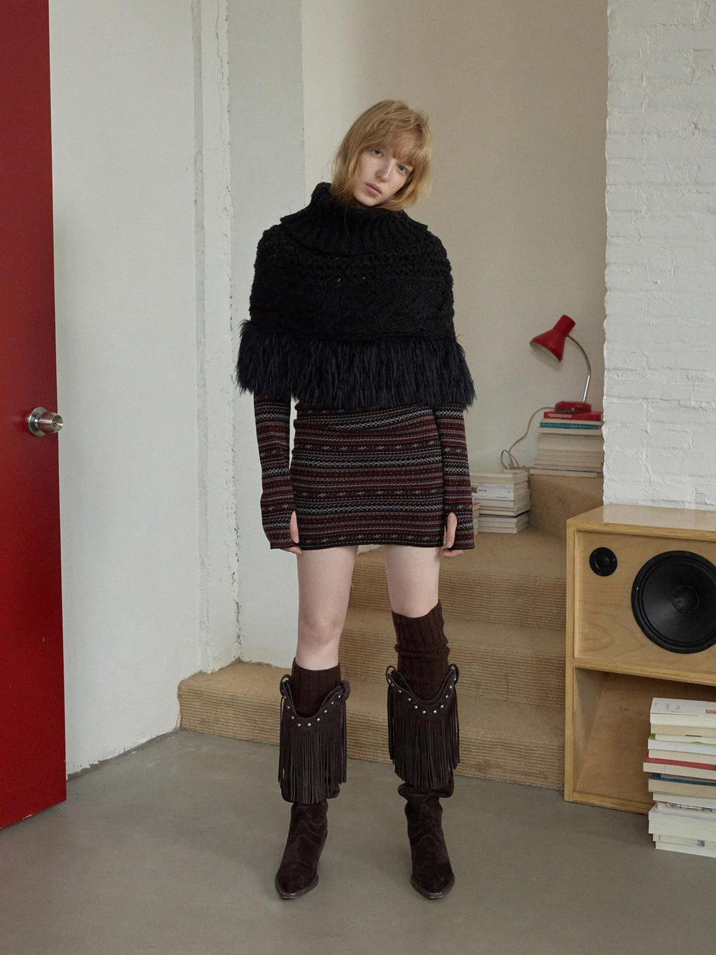 1JINN STUDIO Fringe Polka Dot Cropped High Neck Long Sleeve Women Knitwear Sweaters