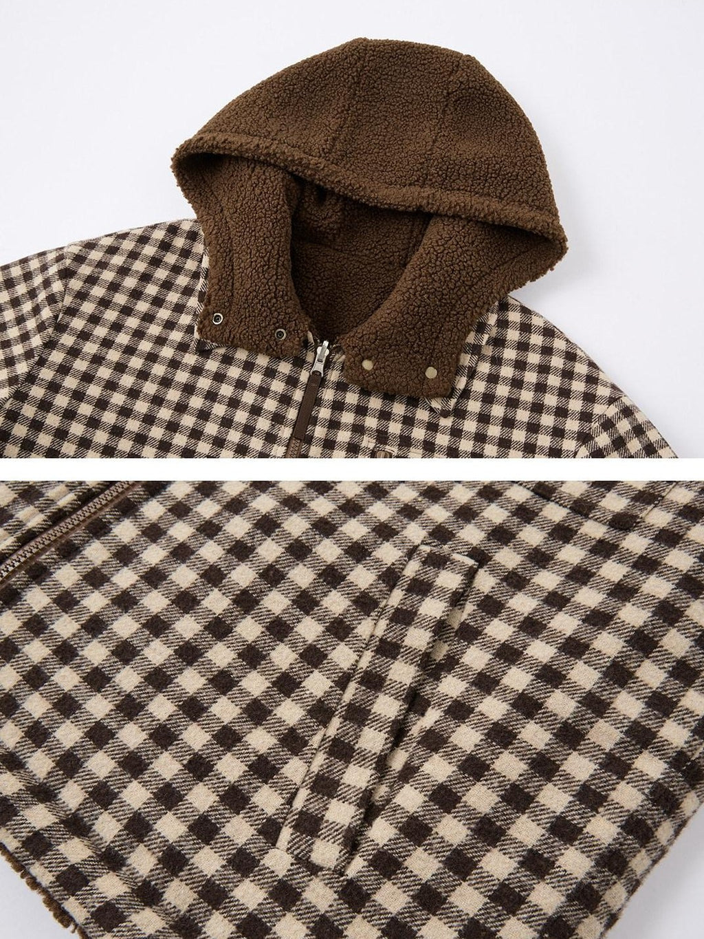 SOMESOWE Reversible Plaid Loose Fit Short Button Women Brown Polyester Jackets