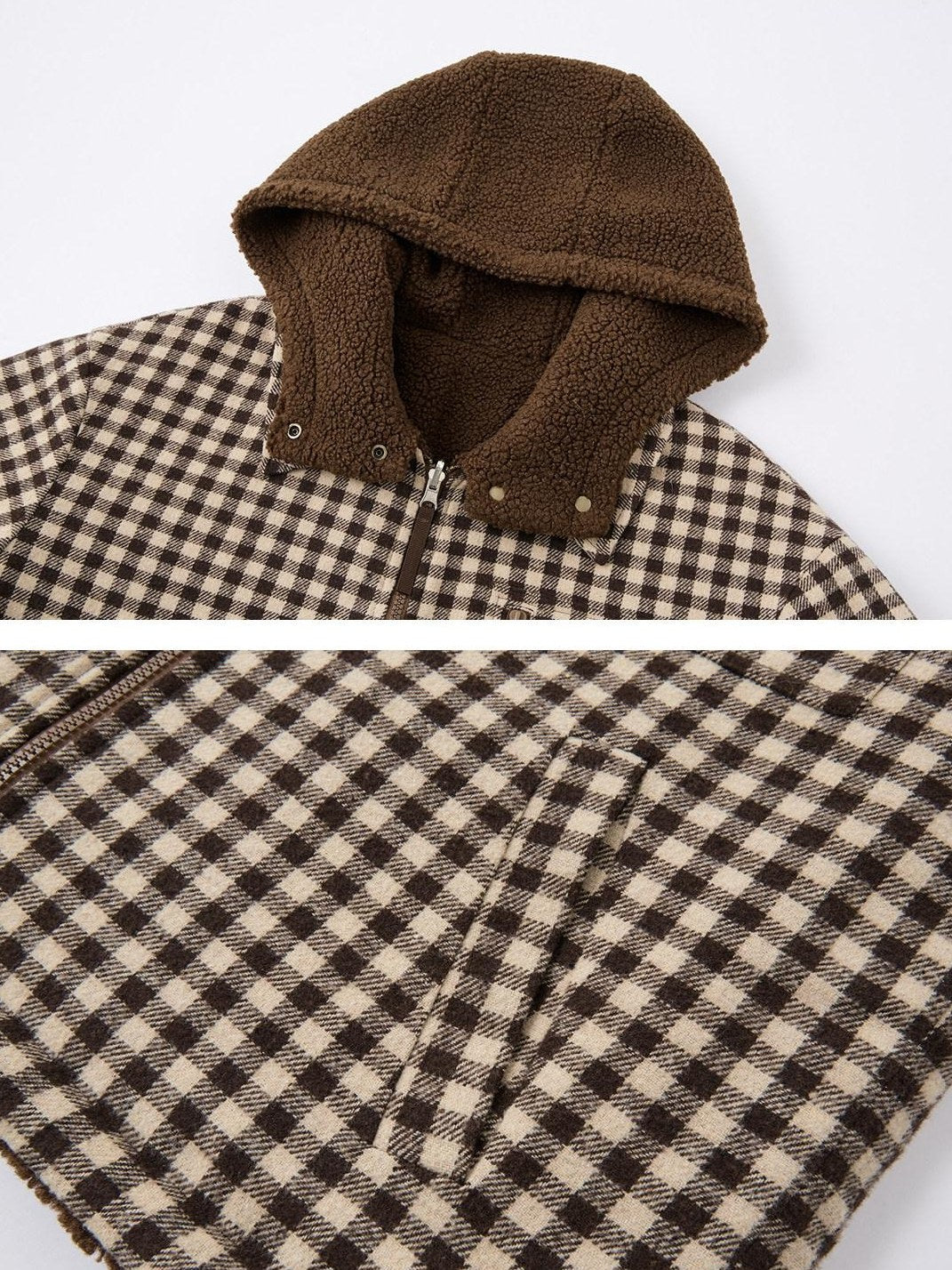 SOMESOWE Reversible Plaid Loose Fit Short Button Women Brown Polyester Jackets