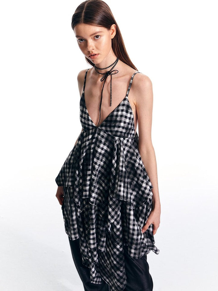 ALINNVSTUDIO Plaid Strappy Polyester Sweet Spicy Sleeveless Youth City Commute Midi Dresses