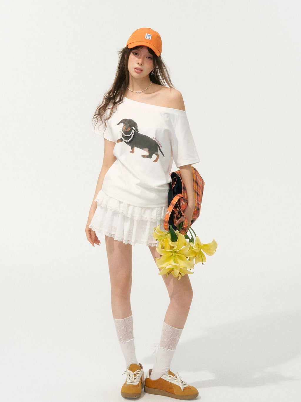 SOMESOWE Stretch Cotton Oversized Asymmetric Neck Animal Embroidered Short Sleeve T-Shirts