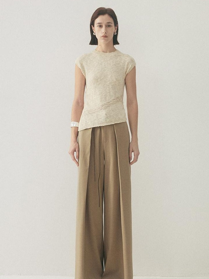 someonesometimes High Waist Stretch Belt Detail Minimalist Polyester Blend Women Wide Leg Pants