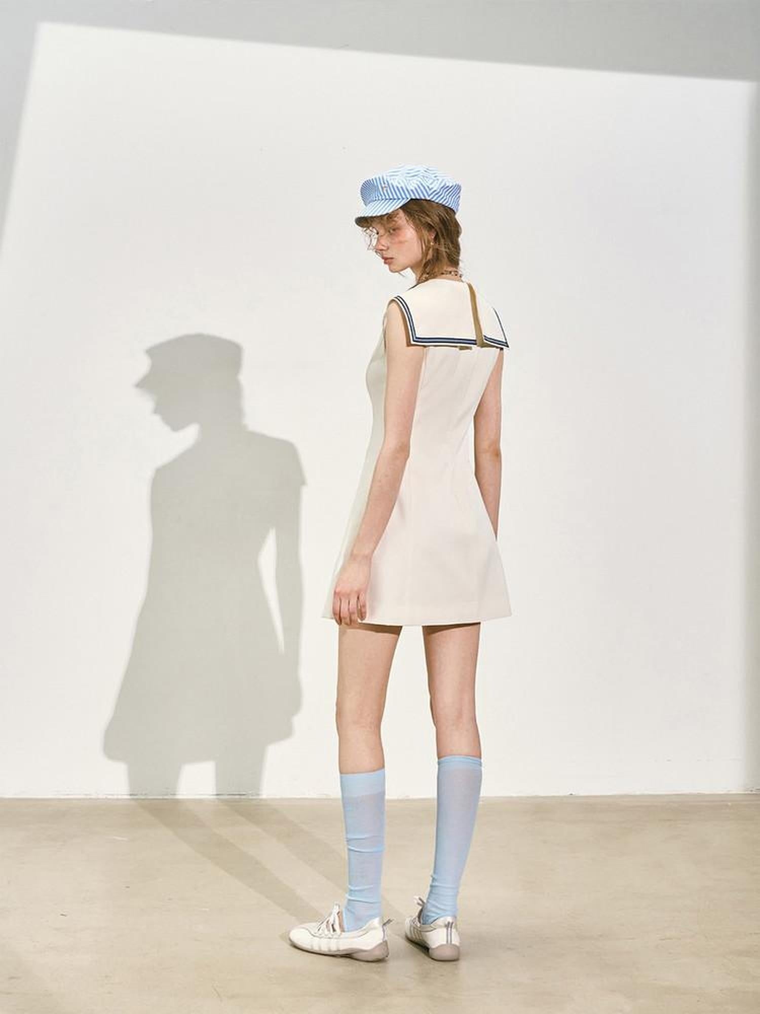 SOMESOWE Chic Sleeveless A Line Preppy Navy Collar Casual Polyester Mini Dresses