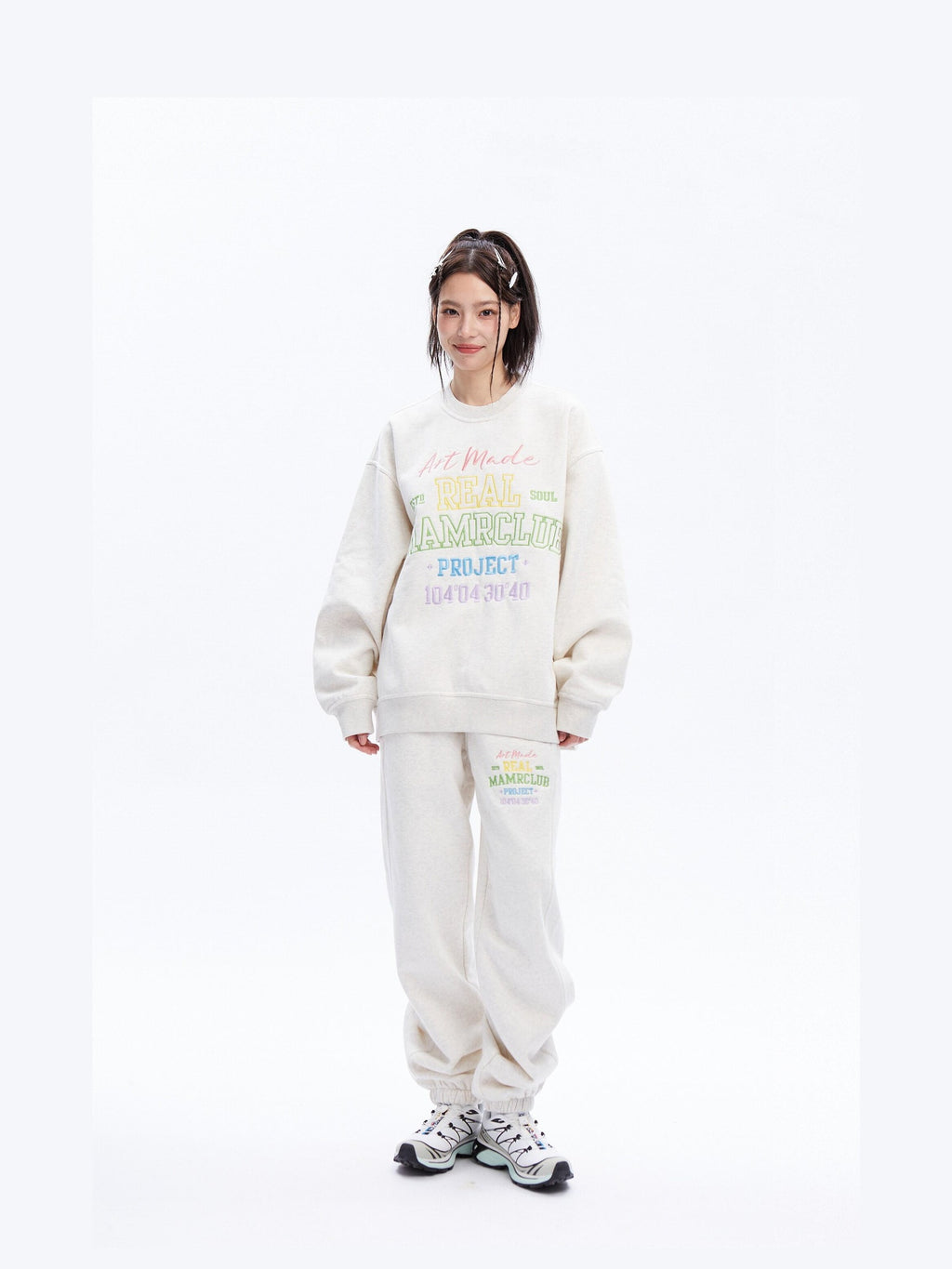 DeleteEx Embroidered Loose Fit Cotton Blend Crew Neck Women Grey Black Top & Pants Sets