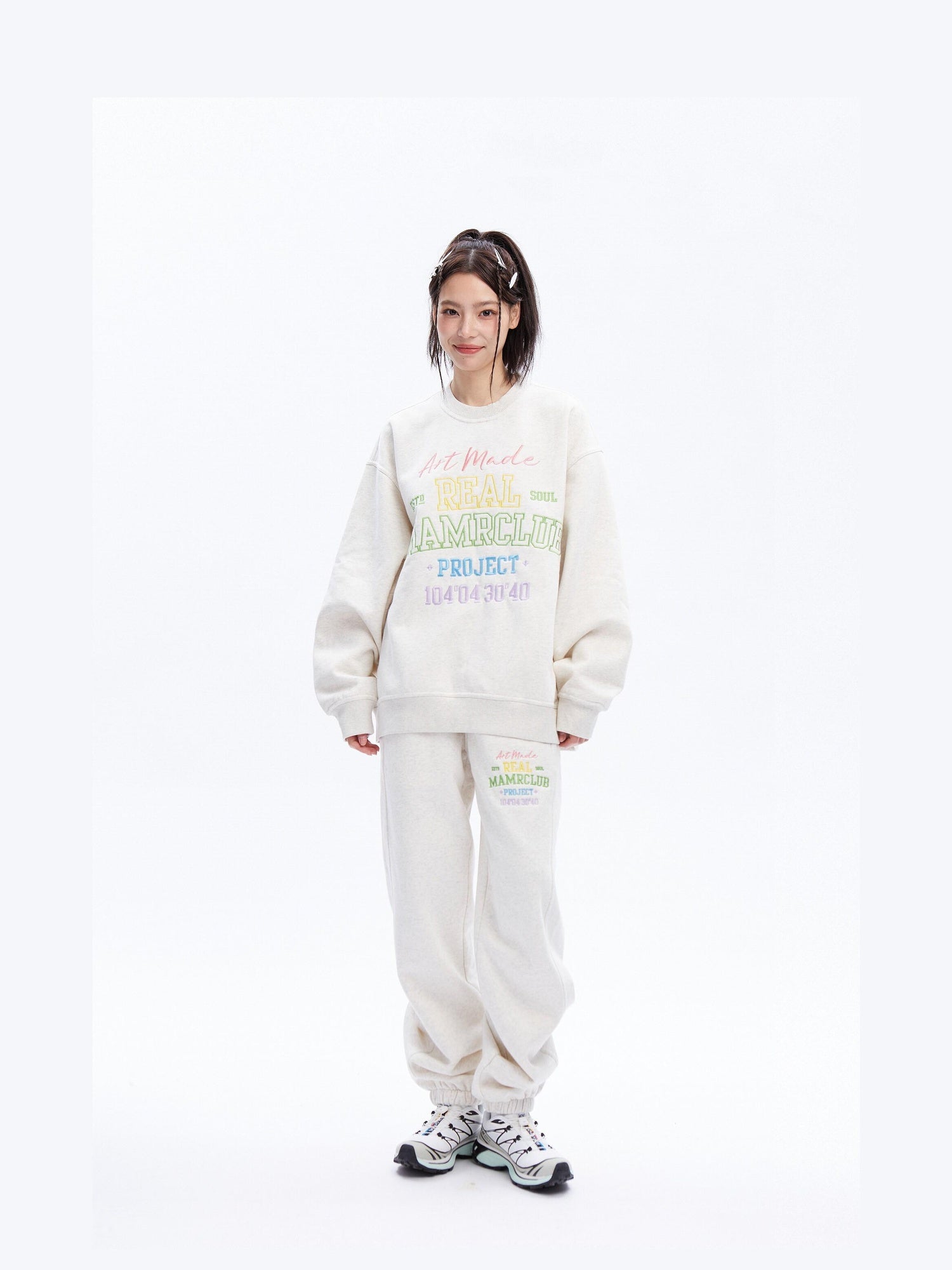 DeleteEx Embroidered Loose Fit Cotton Blend Crew Neck Women Grey Black Top & Pants Sets