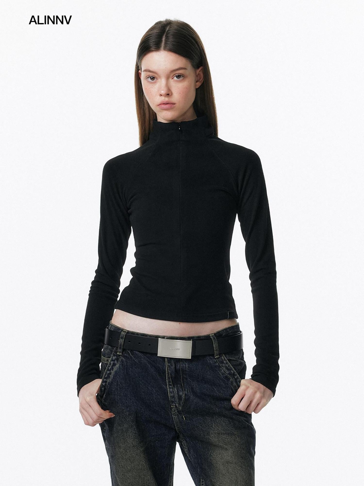 ALINNVSTUDIO Zip Half Collar Slim Commuter Ladies Black Olive Long Sleeve T-Shirts
