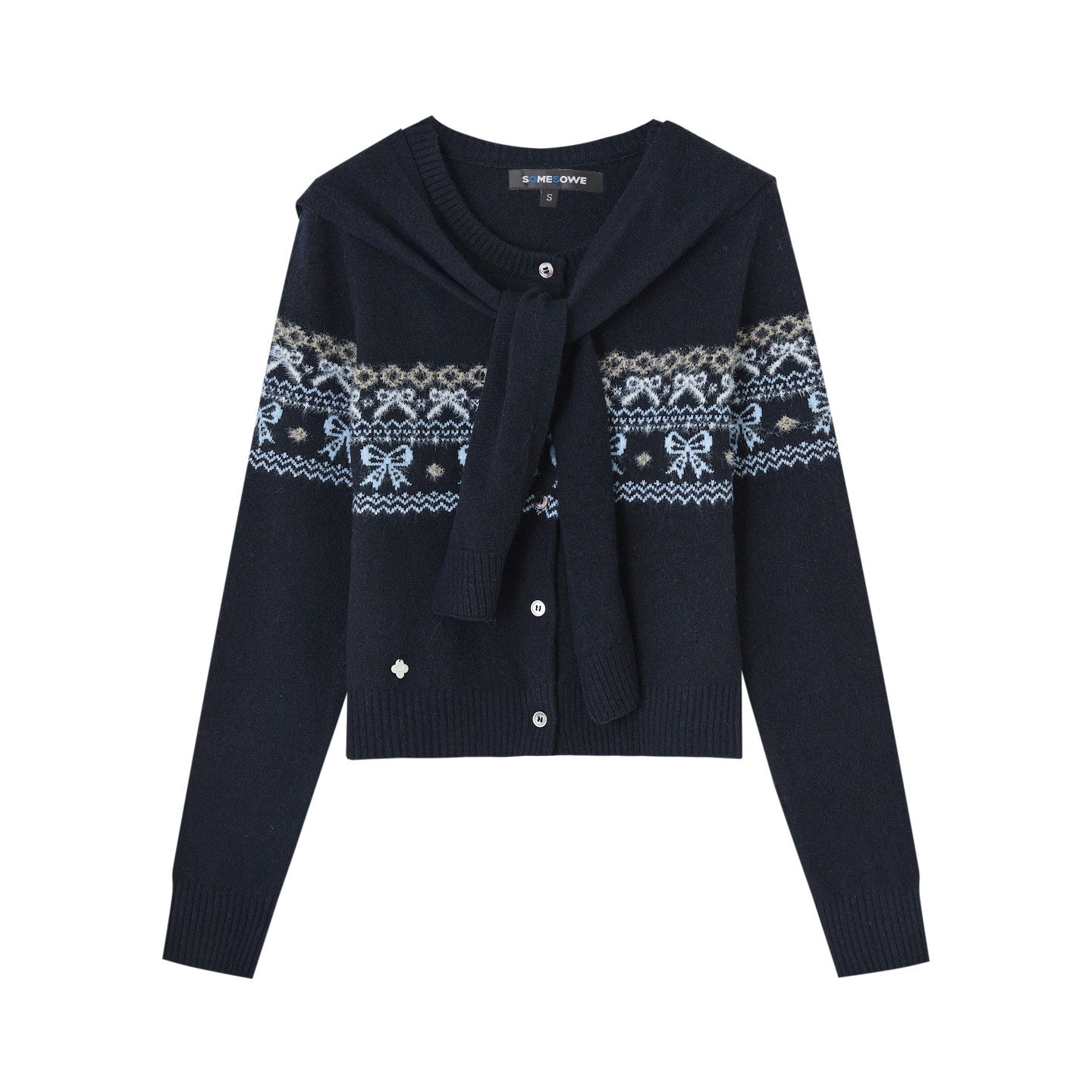 SOMESOWE_Minimal_Commuter_V-neck_Button_Bow_Detail_Layered_Look_Women_Navy_Knit_Cardigans_MISSTT