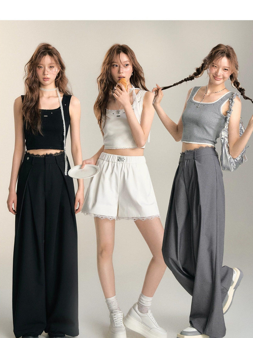 SOMESOWE Casual Lace Trim Patchwork Pocket Relaxed Natural Waist Women Wide Leg Pants