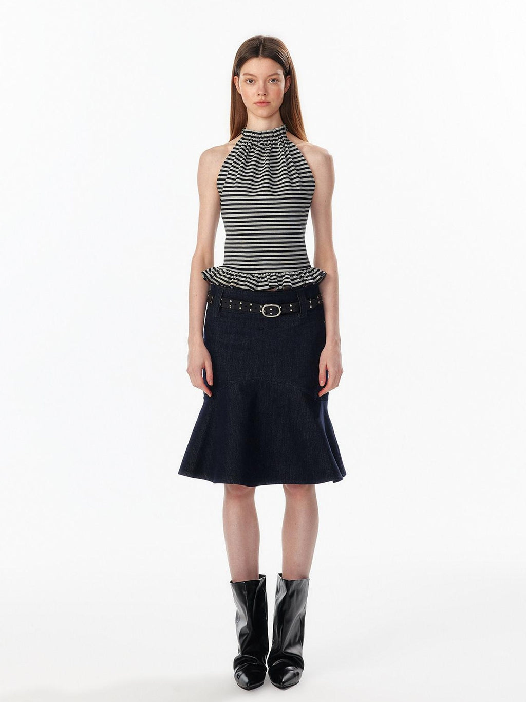 ALINNVSTUDIO Ruffle Trim Cropped Fitted Waist Halter Mock Neck Women Modal Blend Tank Tops