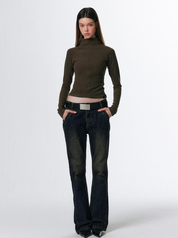 ALINNVSTUDIO Zip Half Collar Slim Commuter Ladies Black Olive Long Sleeve T-Shirts
