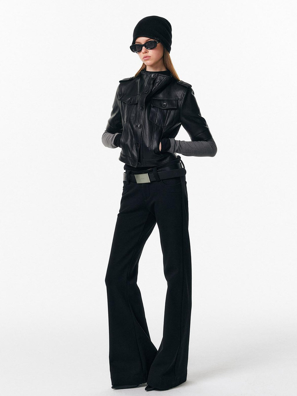 ALINNVSTUDIO Sleek Pu Slim Fit Cropped Short Sleeve Stand Collar Women Leather Jackets