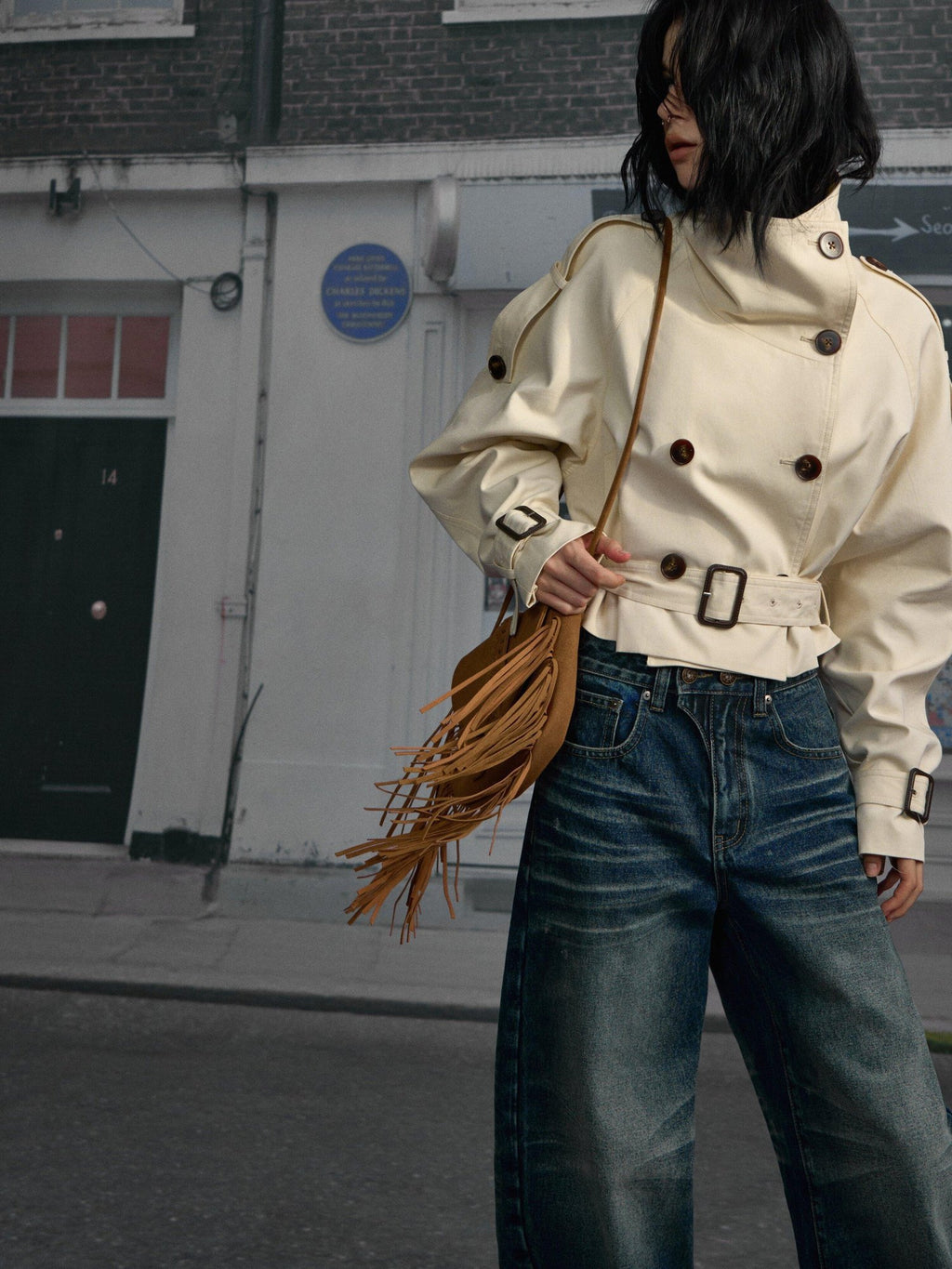 DeleteEx Cotton Blend Stand Collar Short Double Breasted London Off White Trench Coats
