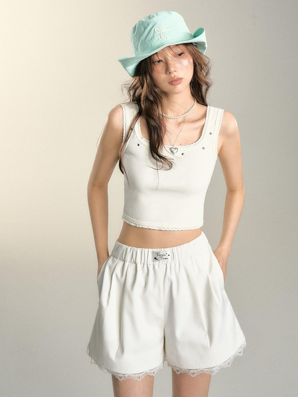 SOMESOWE Casual Lace Trim Patchwork Pocket Relaxed Natural Waist Women Wide Leg Pants