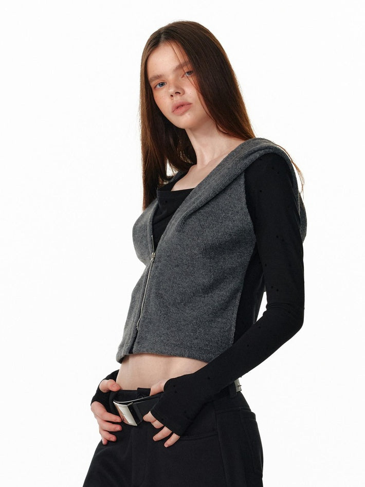 ALINNVSTUDIO Vintage Faux Layered Hooded Zip Knit Short Length Women Black Gray Cardigans