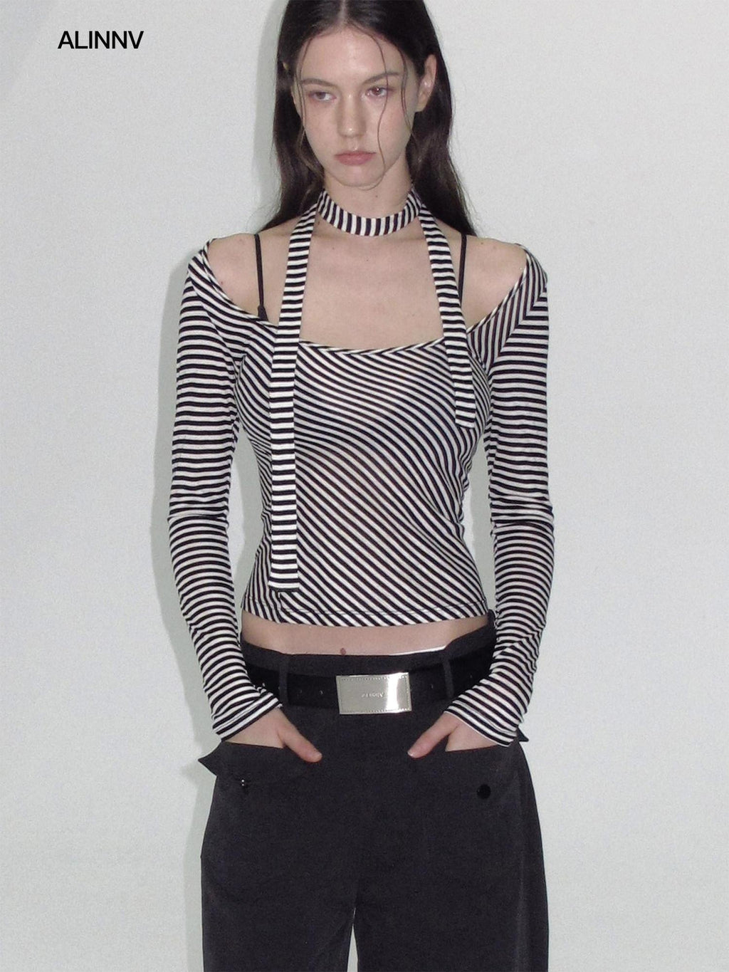 ALINNVSTUDIO Wool Blend Slim Fit Cropped Crewneck Striped Women Long Sleeve T-Shirts