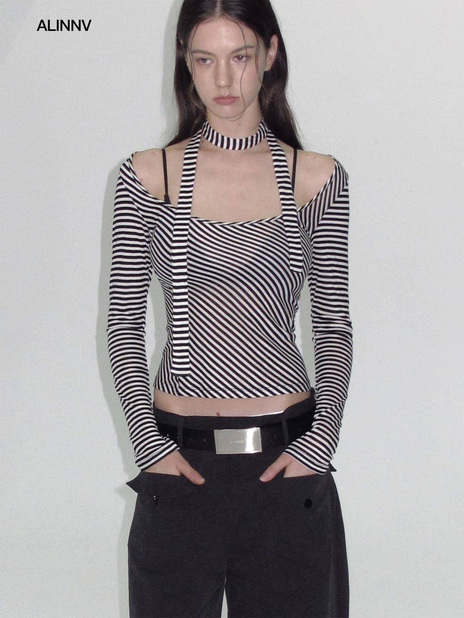 ALINNVSTUDIO Wool Blend Slim Fit Cropped Crewneck Striped Women Long Sleeve T-Shirts