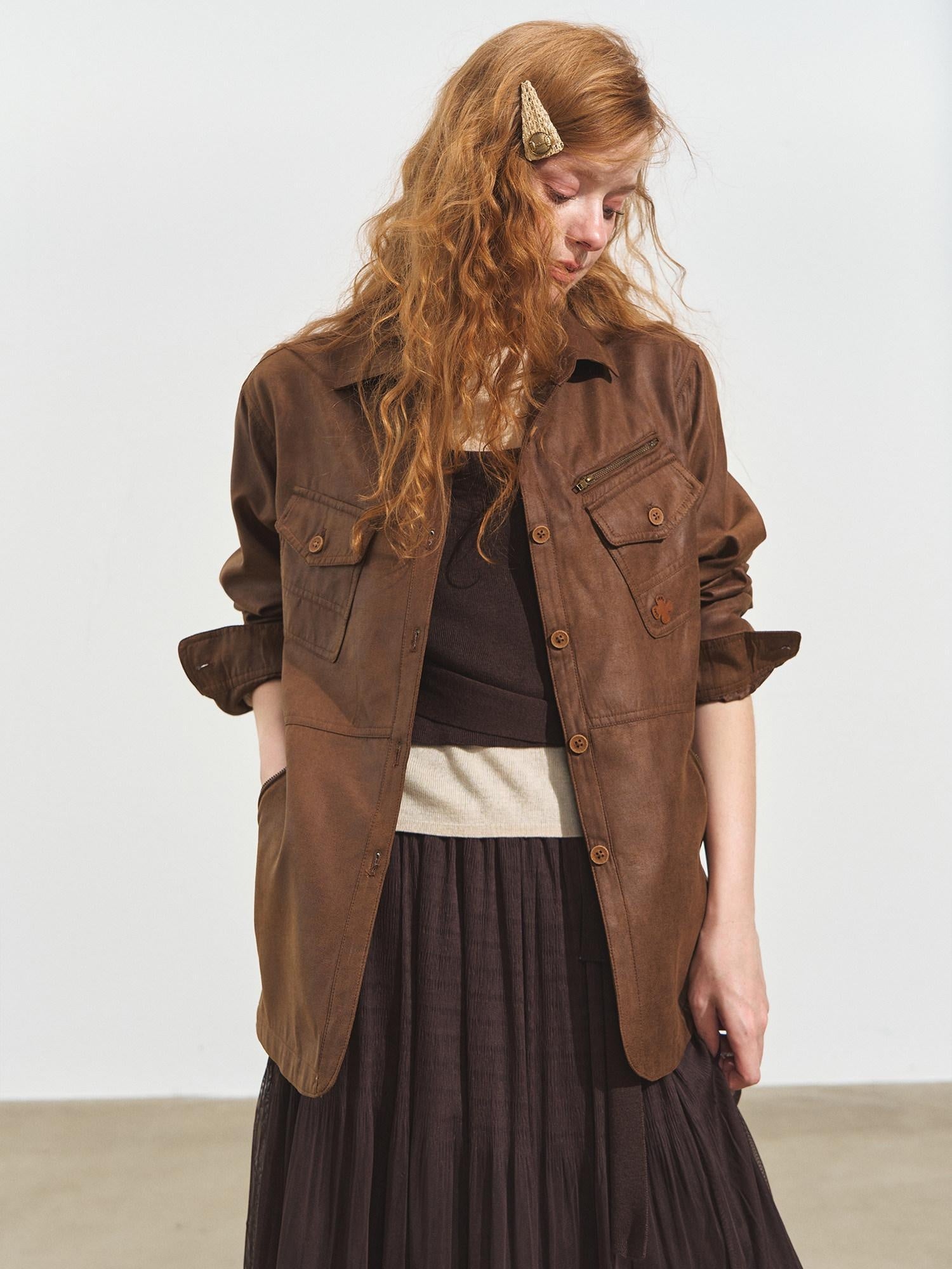 SOMESOWE Oversized Casual Pu Stand Collar Zip Flap Pocket Brown Women Leather Jackets