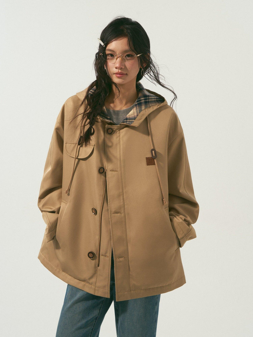 SOMESOWE Versatile Hooded Mid Length Loose Fit Women Plaid Polyester Jackets