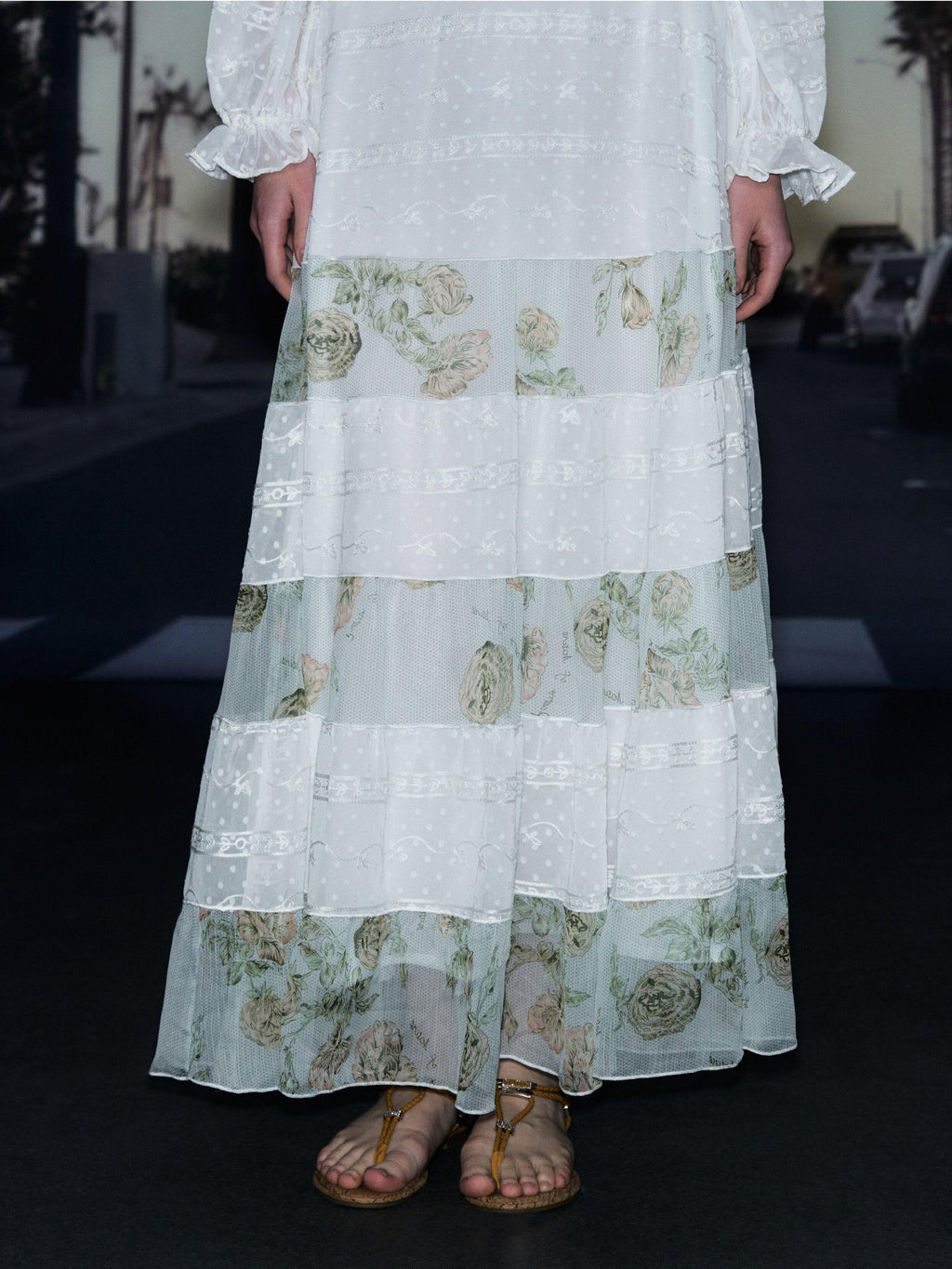 DeleteEx Soft Korean Tiered Mid Rise Loose Fit White Green Floral Patchwork Maxi Skirts