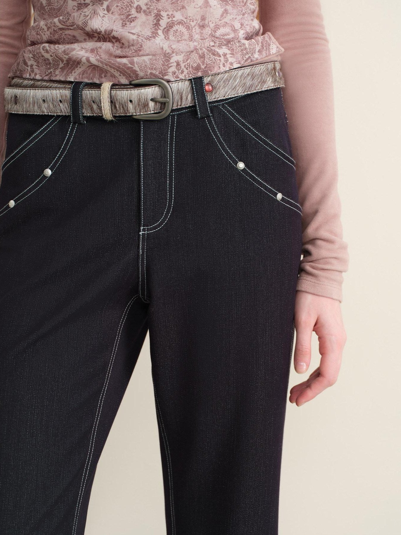 someonesometimes Stretch Minimal Natural Waist Topstitch Detail Women Midnight Blue Flared Jeans