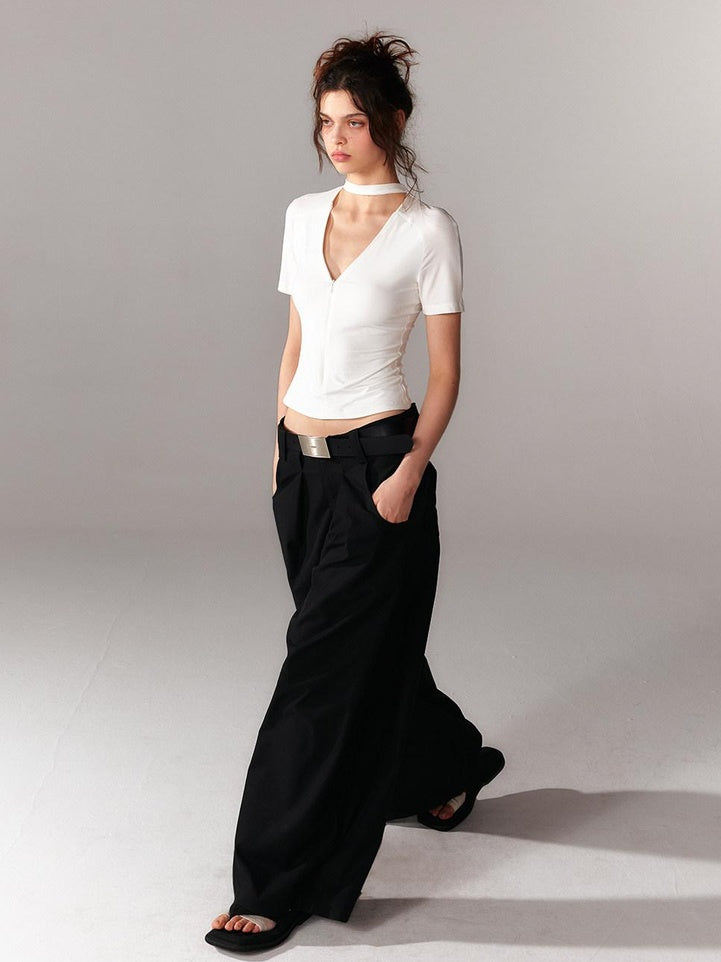 ALINNVSTUDIO Moisture Modal Stretch Asymmetric V-neck Slim Cross Basic Crop Tops